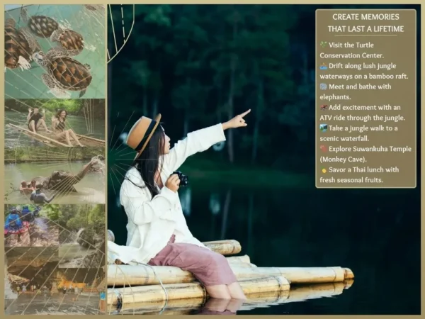 Tourists bamboo rafting in jungle and atv